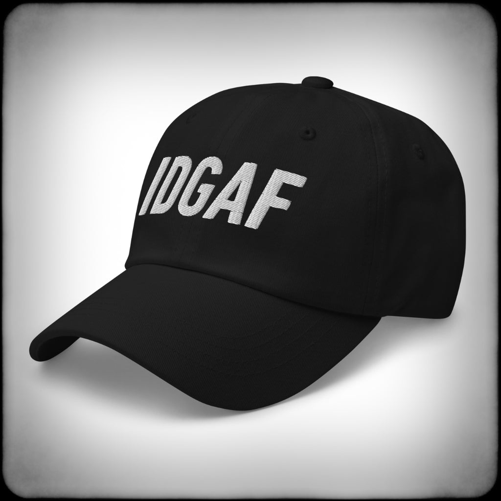 IDGAF Black Dad Hat Left Front - Nuanced Nihilist